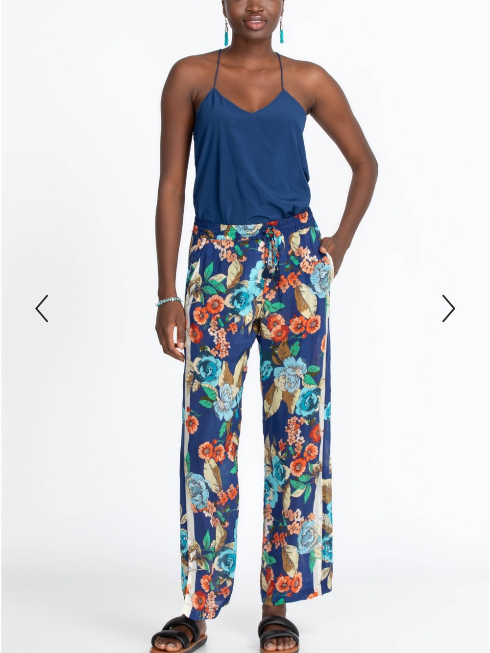 Johnny Was Navy Floral Wide-Leg Drawstring Pants Emma Divine (Lined)